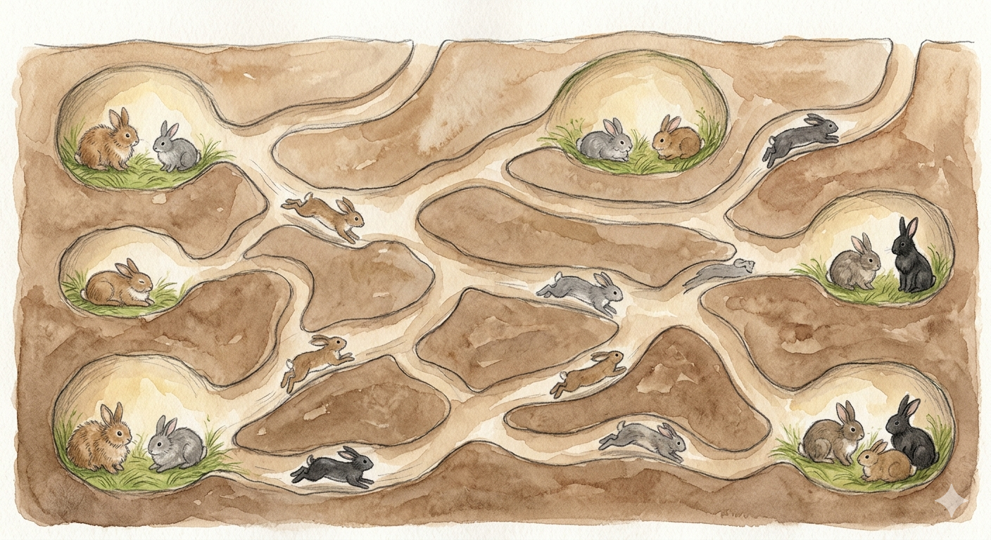A cross-section of an underground rabbit warren with many tunnels and chambers full of rabbits