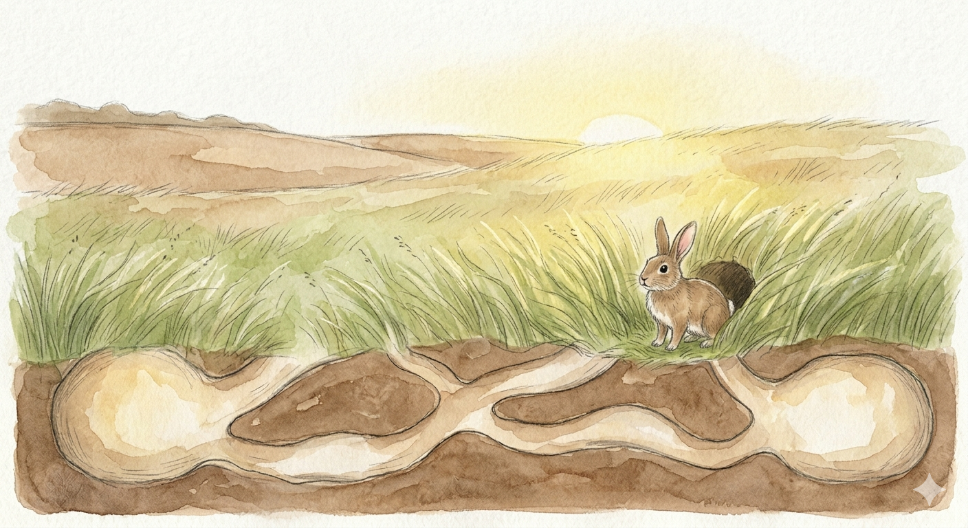 A rabbit above ground in a grassy meadow at sunrise, with the underground burrow tunnels visible below