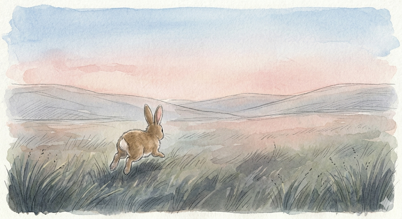 A rabbit running fast across an open field at dusk with rolling hills in the background