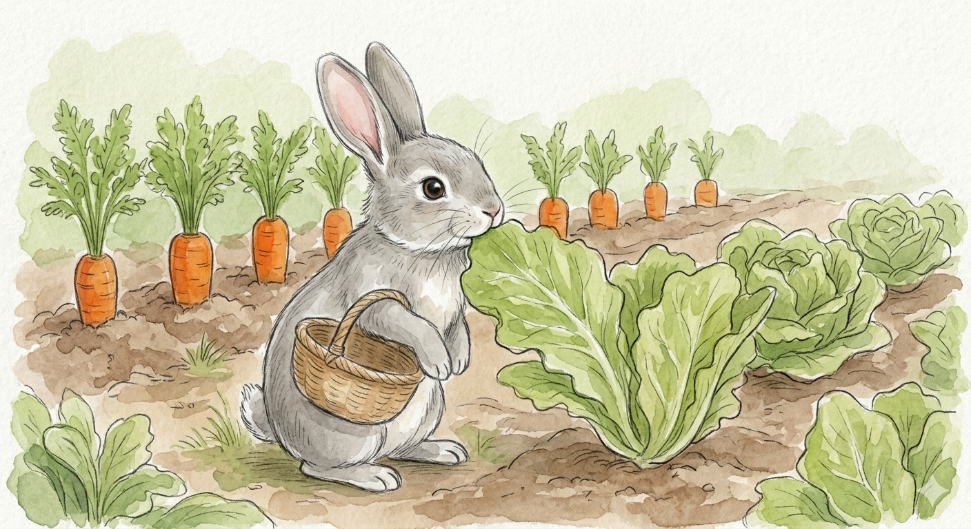 A gray rabbit in a garden holding a basket, surrounded by rows of carrots and a head of lettuce
