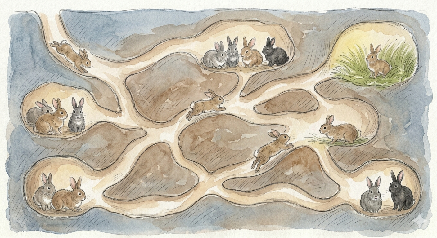 A cross-section of a rabbit warren at night, with rabbits resting in their underground chambers