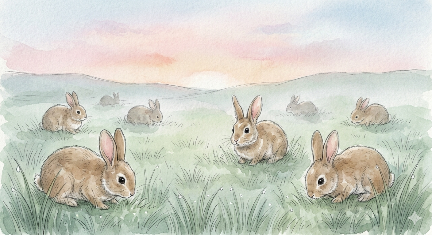A group of rabbits grazing together in a misty meadow at dawn