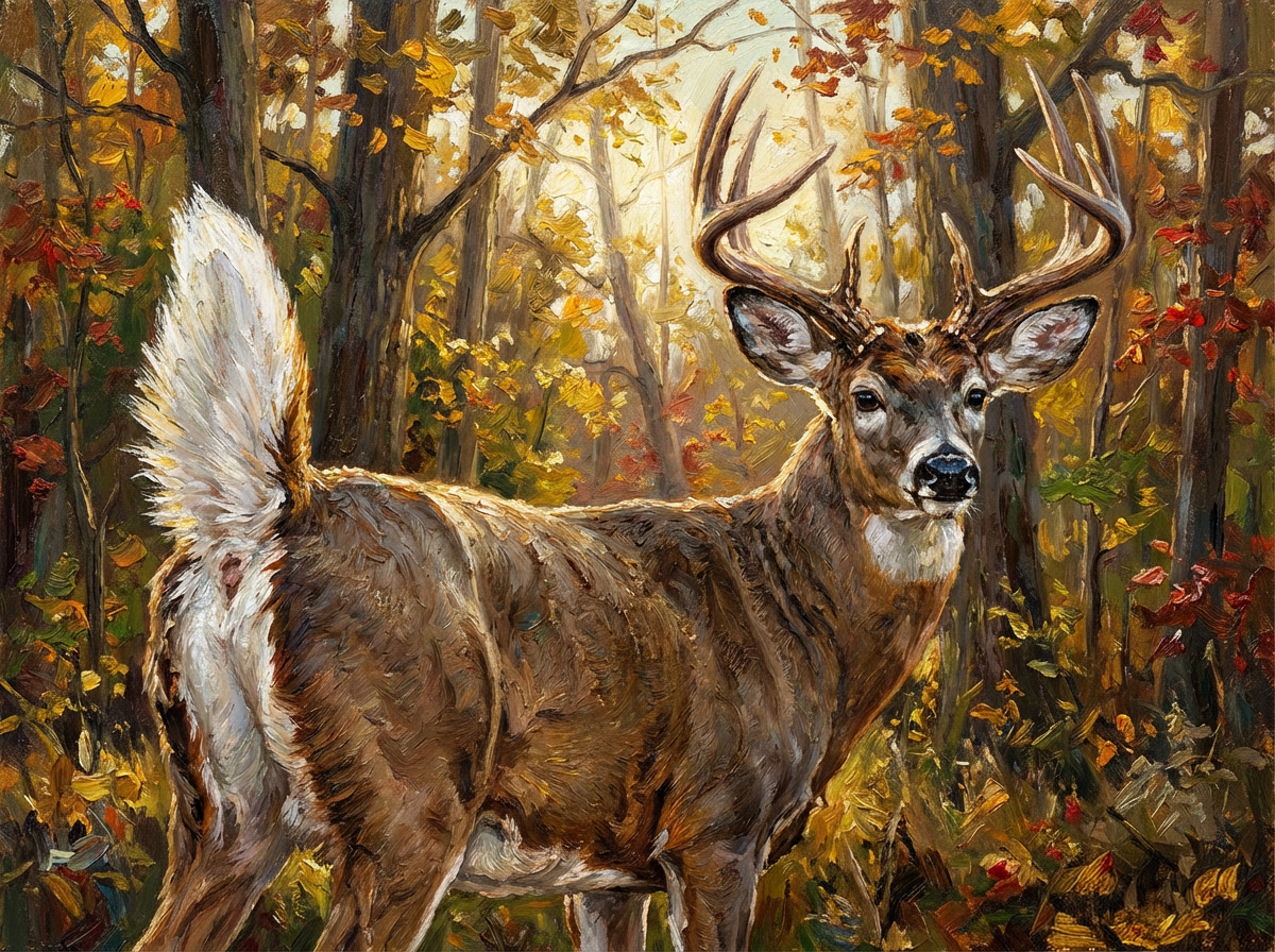 A white-tailed deer showing its white tail