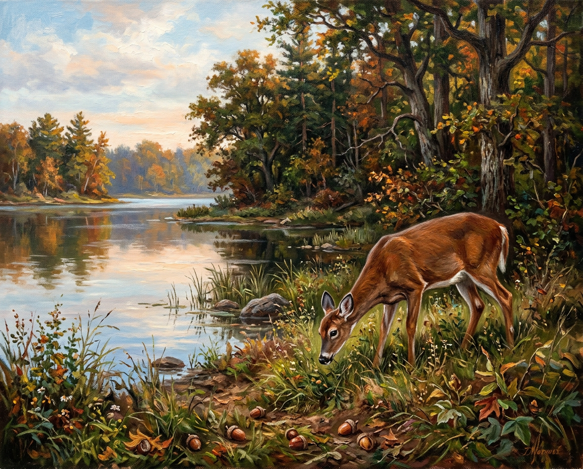 A deer eating grass and berries