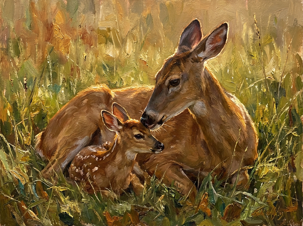 A mother deer with her spotted fawn