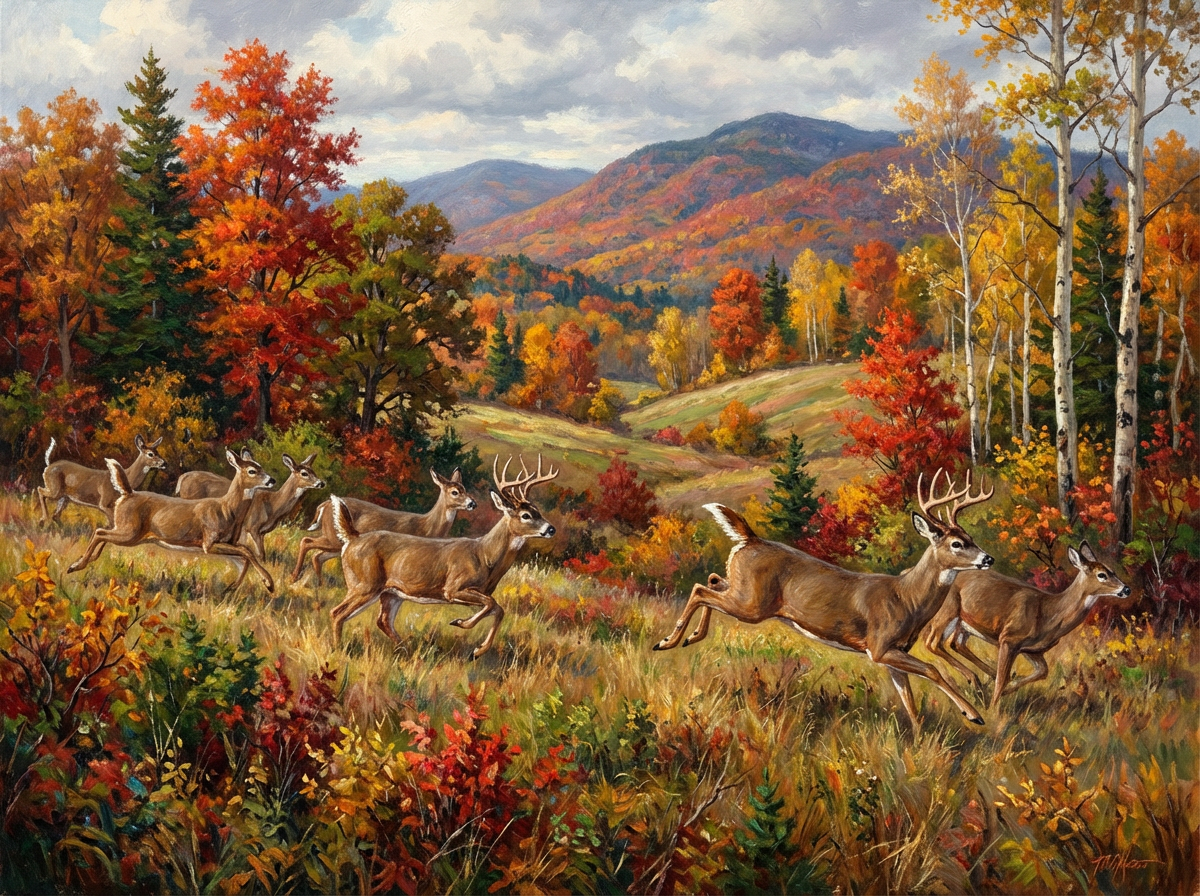 A deer running fast across a meadow