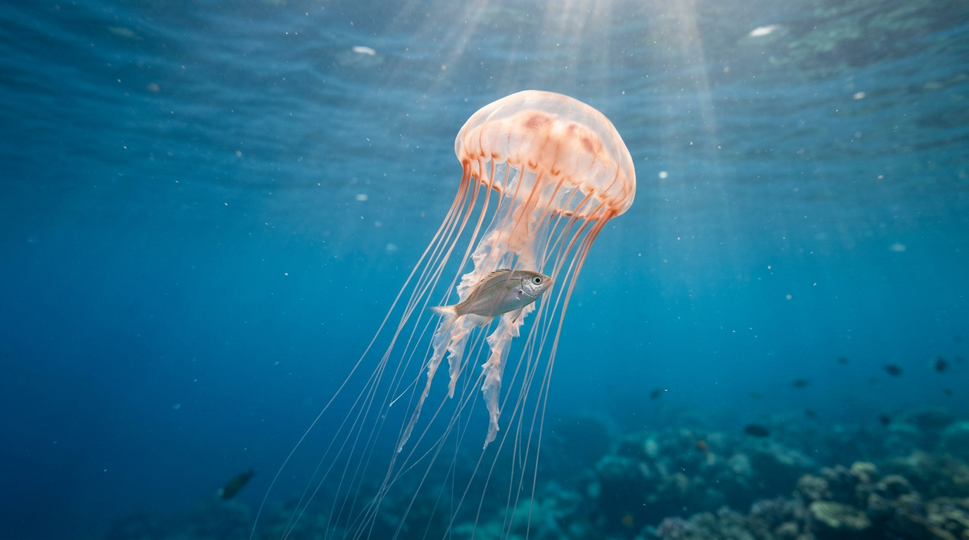 A jellyfish catching a small fish with its tentacles