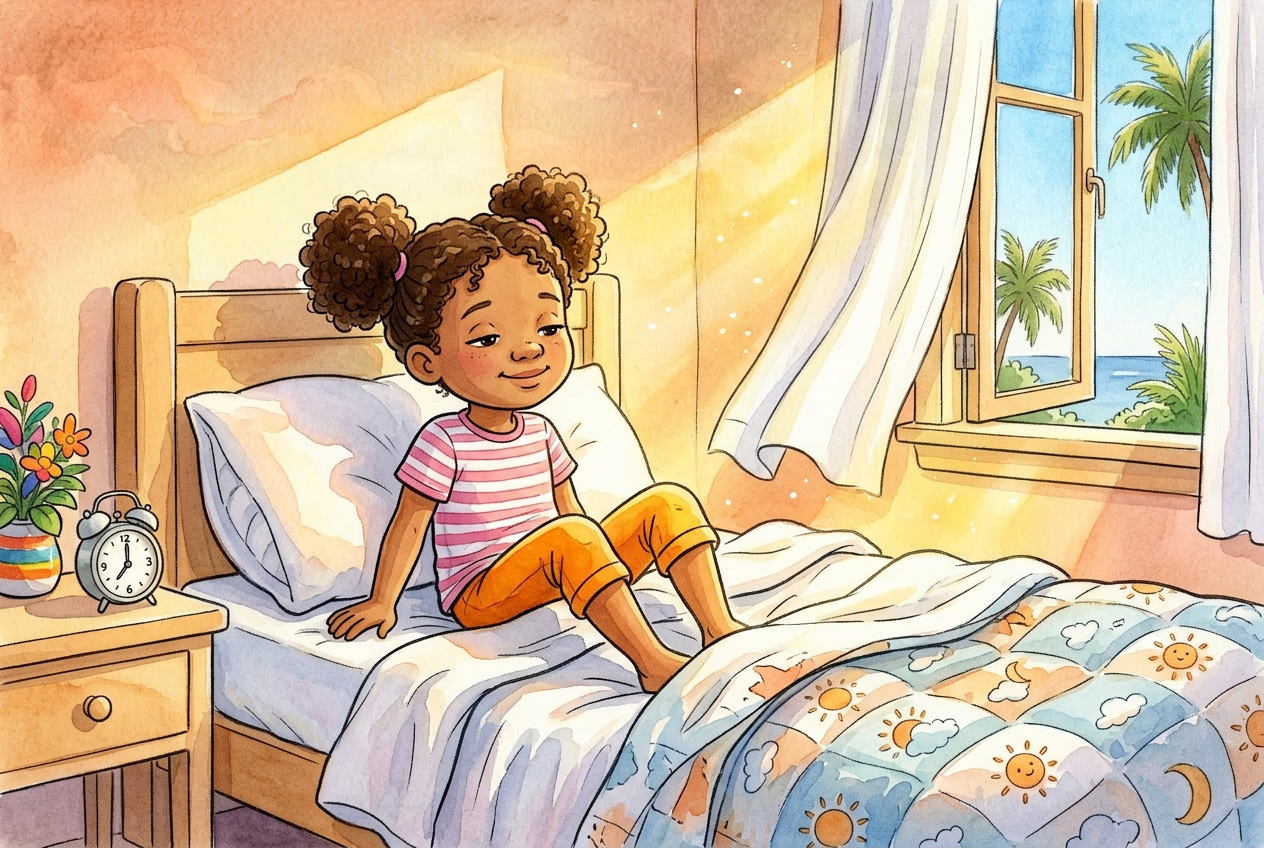 A girl named Maya waking up to sunshine pouring through her window