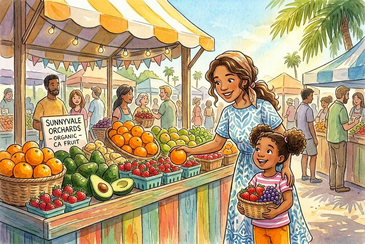 A farmers market with colorful fruits — oranges, avocados, and strawberries