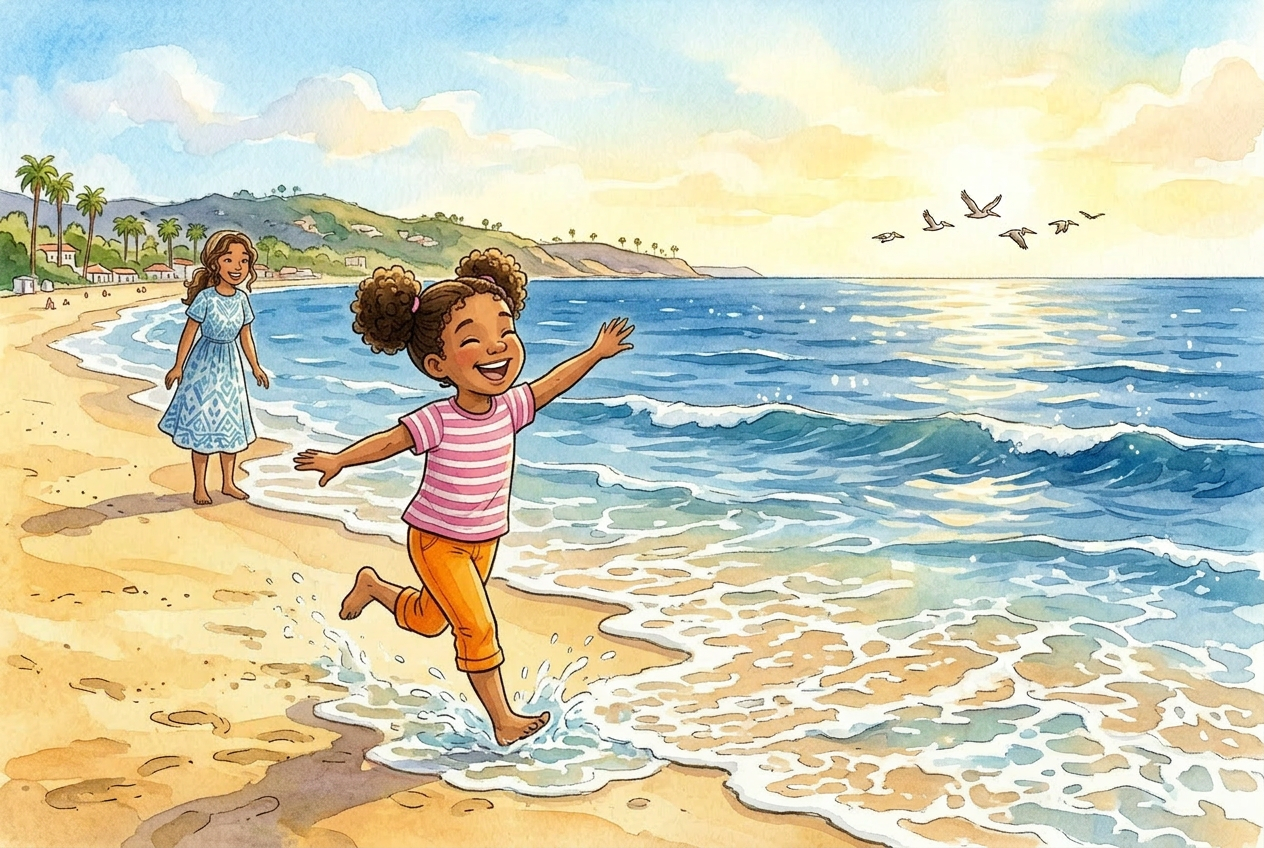 Maya running on the beach with waves behind her