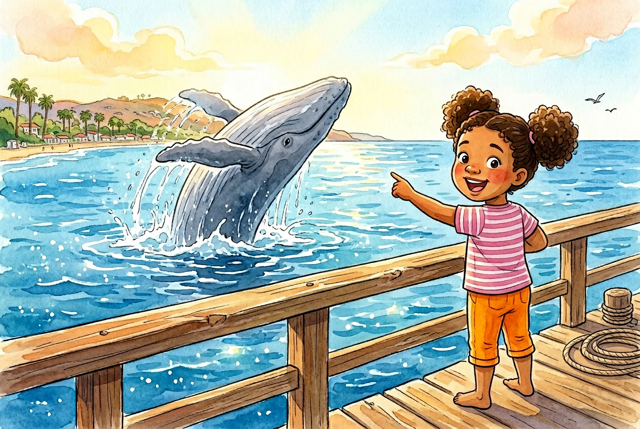 Maya looking at a gray whale jumping out of the ocean