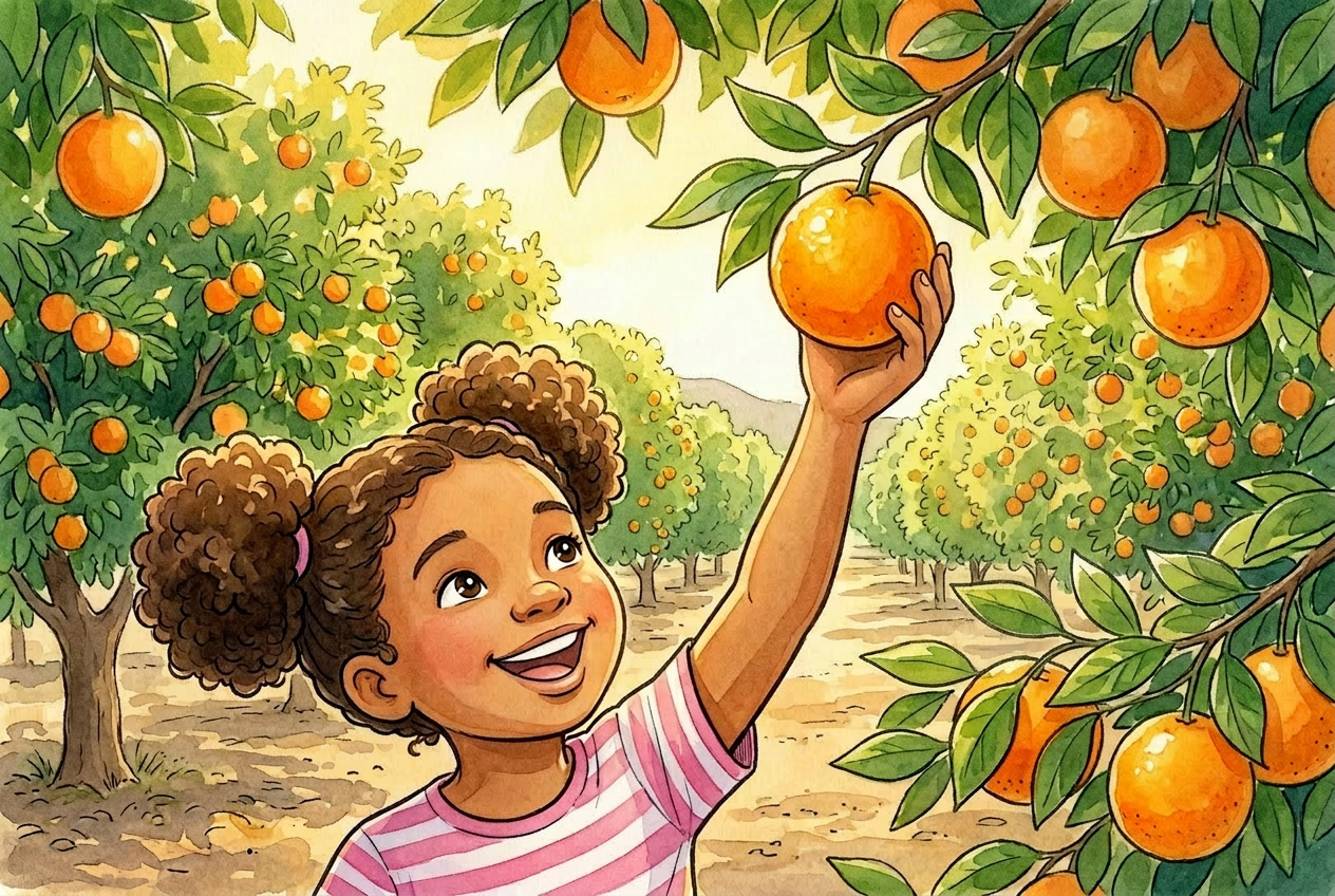 Maya picking oranges from a tree in a sunny orchard