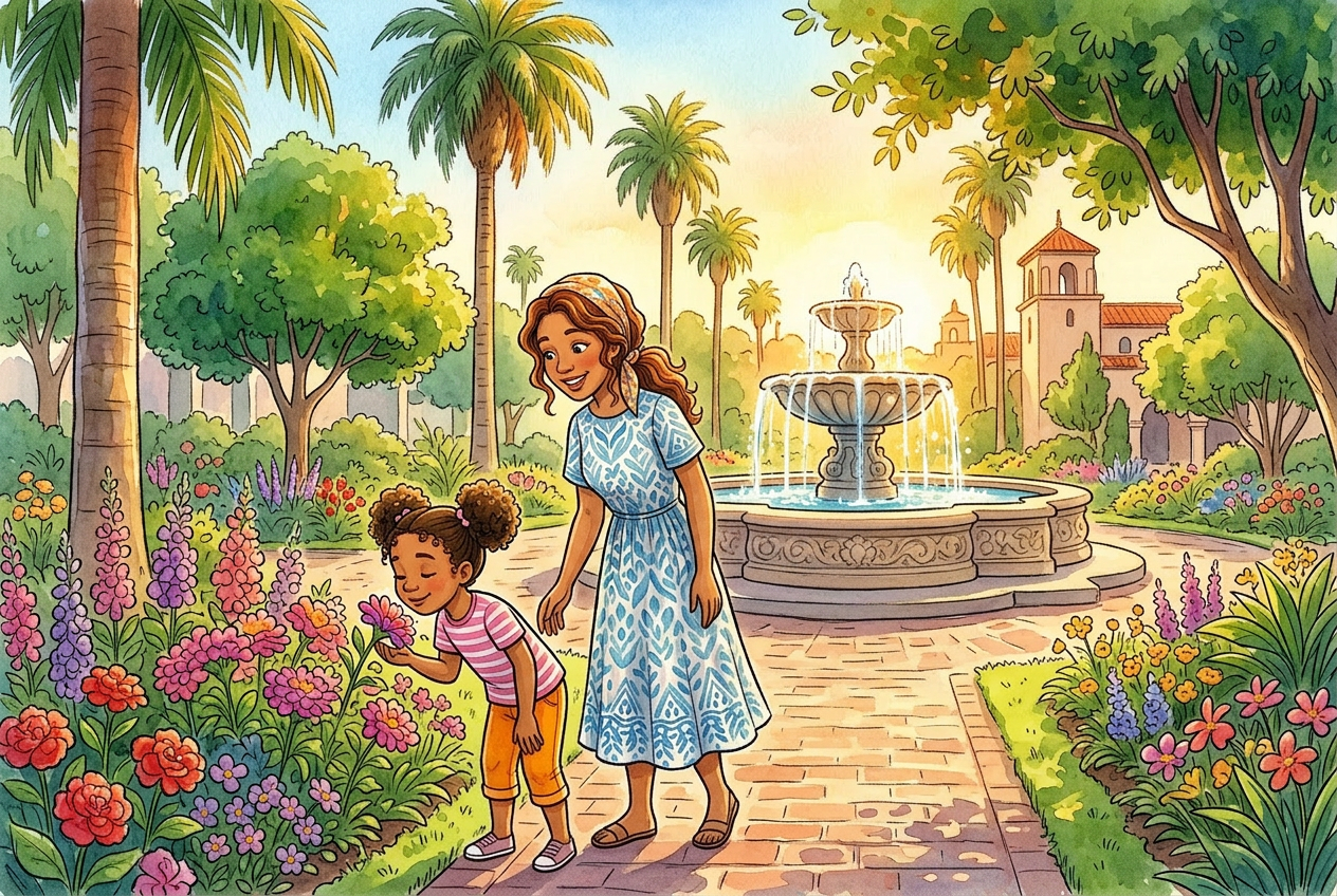 Maya at Balboa Park looking at flowers and a big fountain