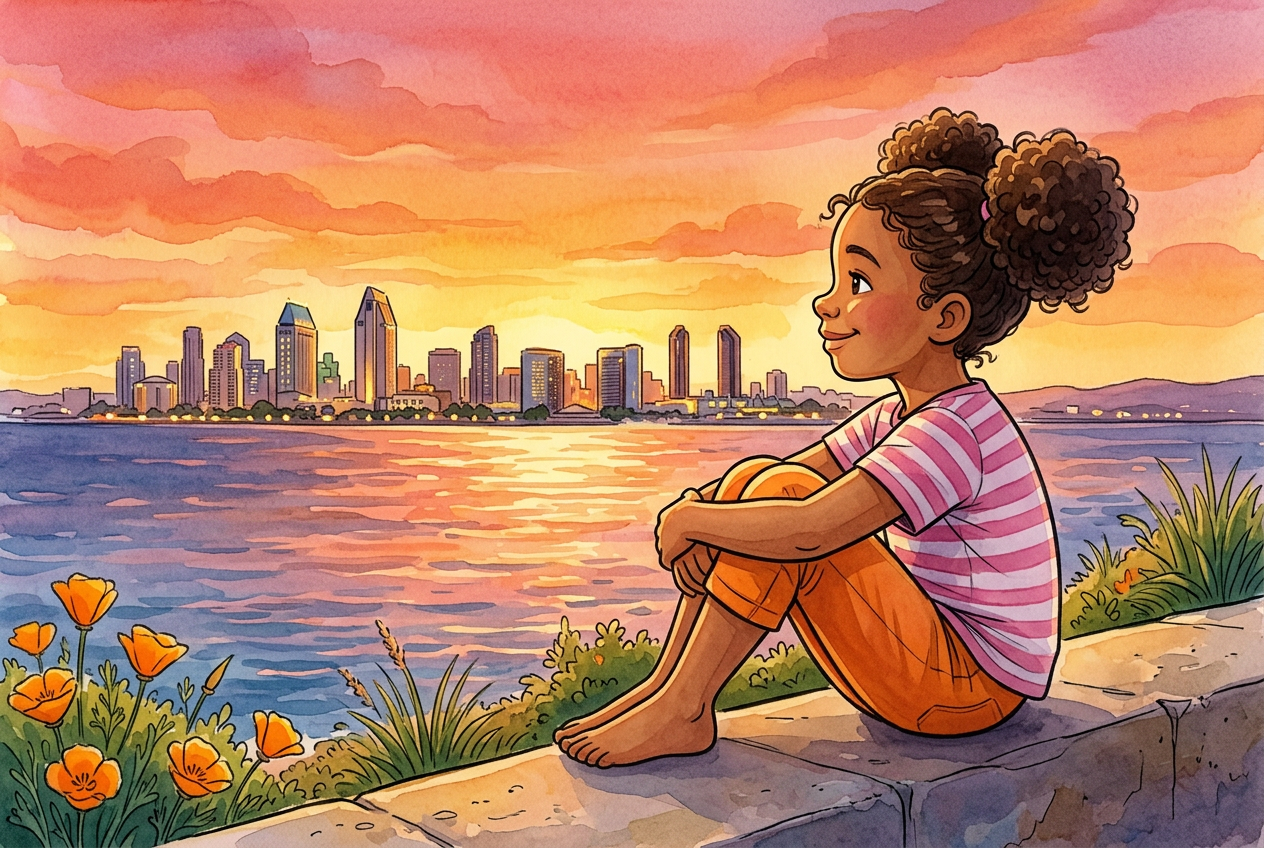 Maya watching a glowing orange and pink sunset over the San Diego skyline and ocean