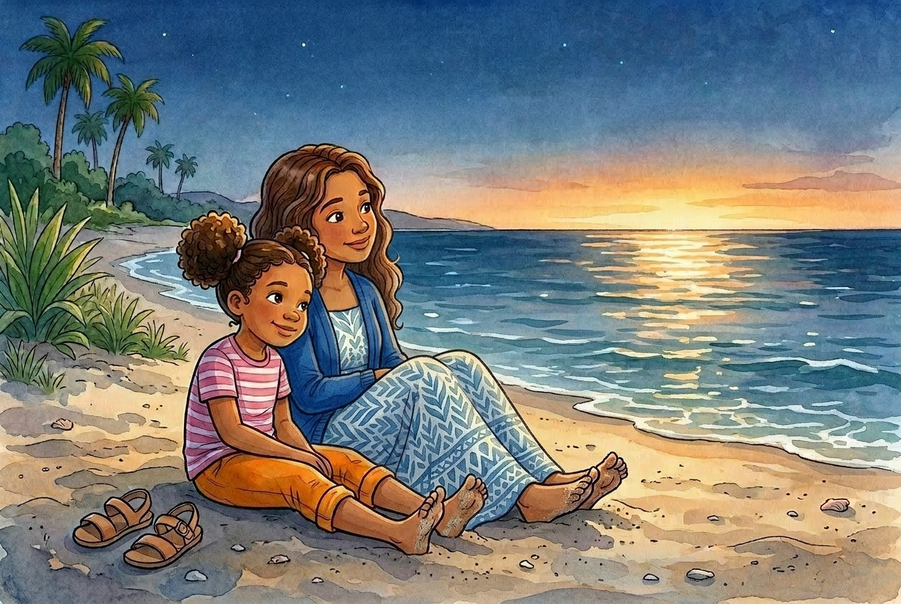 Maya and her mom on the beach at sunset, happy together