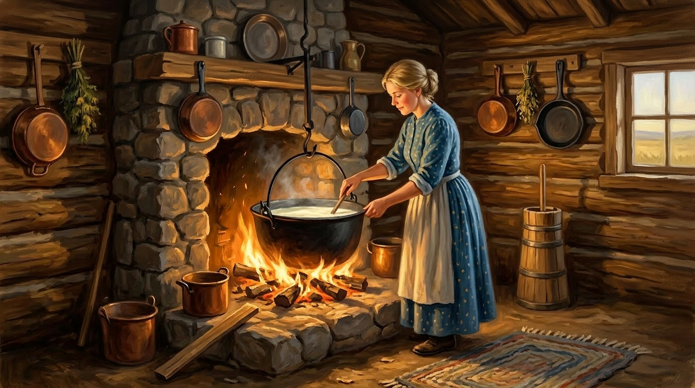 A pioneer mother warming fresh milk in a big iron pot over a stone hearth in a log cabin