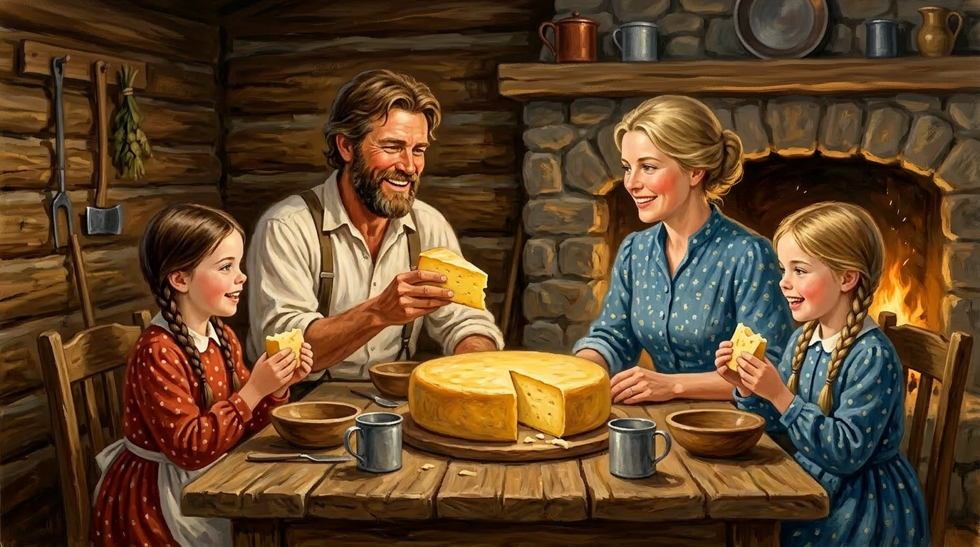 A pioneer family happily eating slices of homemade cheese at a wooden table in their log cabin