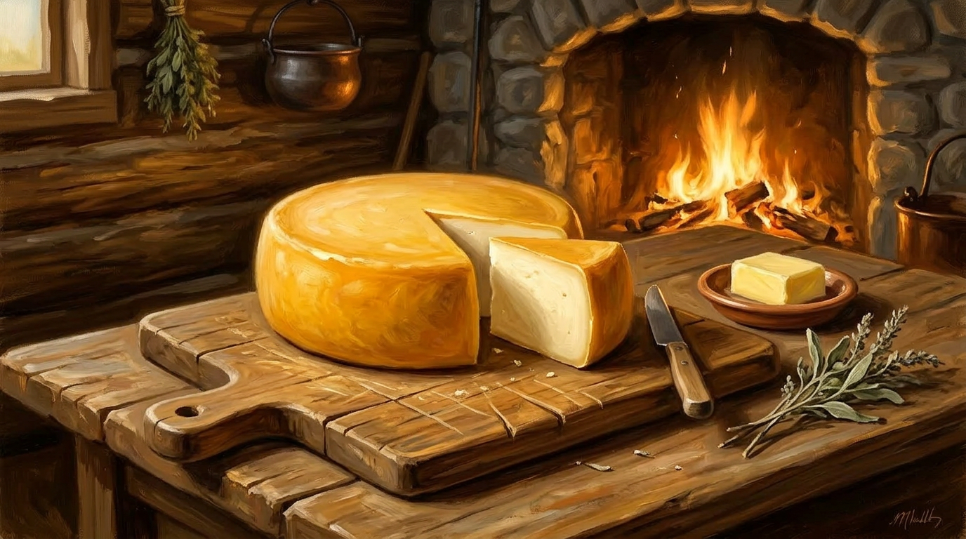 A golden wheel of homemade cheese on a wooden board in a cozy log cabin