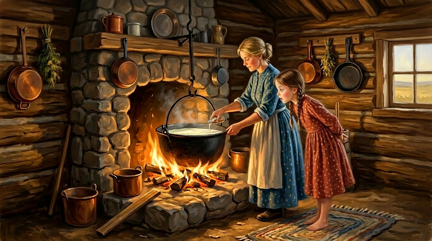 A pioneer woman adding rennet to a pot of warm milk while a young girl watches closely