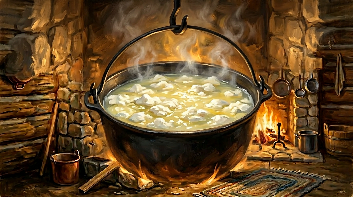 A pot of milk thickening into white curds in a log cabin kitchen, 1870s