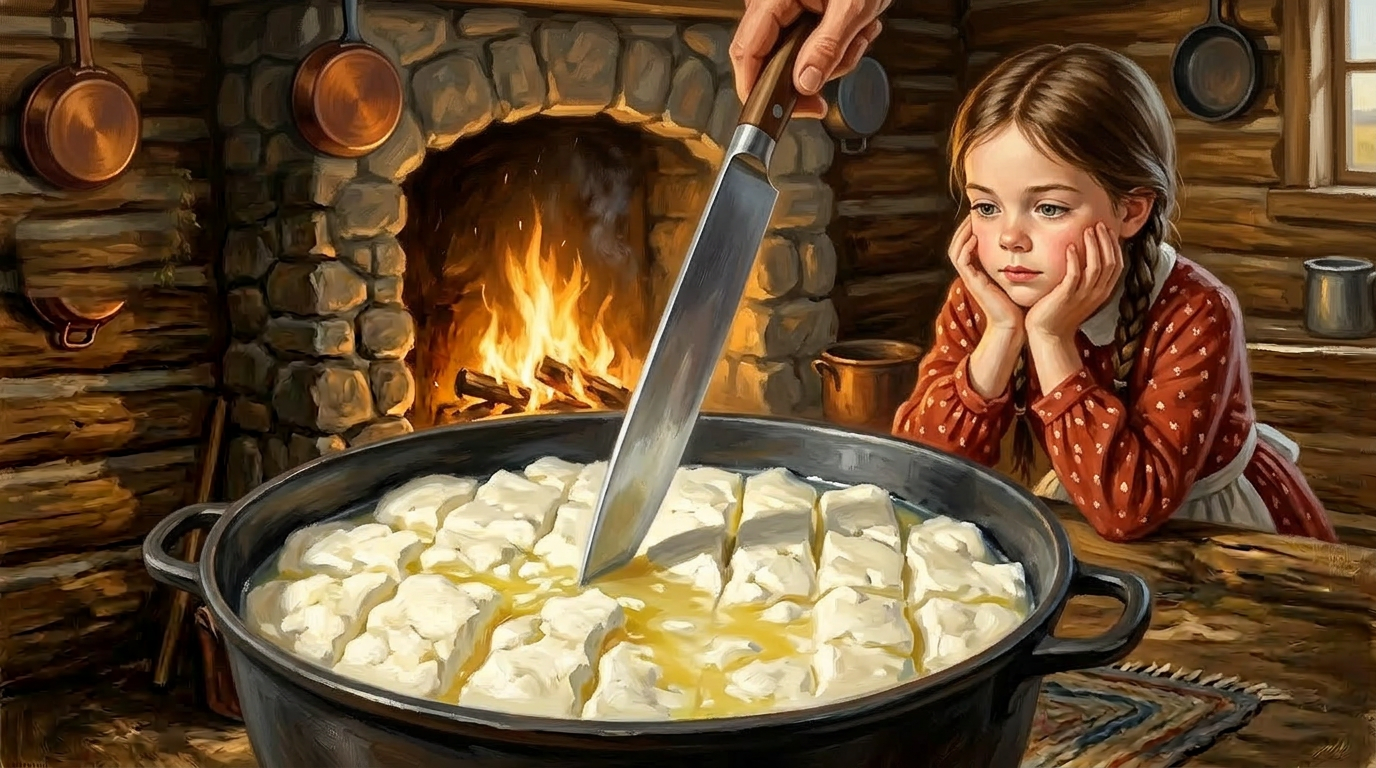 A pioneer woman cutting white curds with a long knife in a big pot, young girl watching