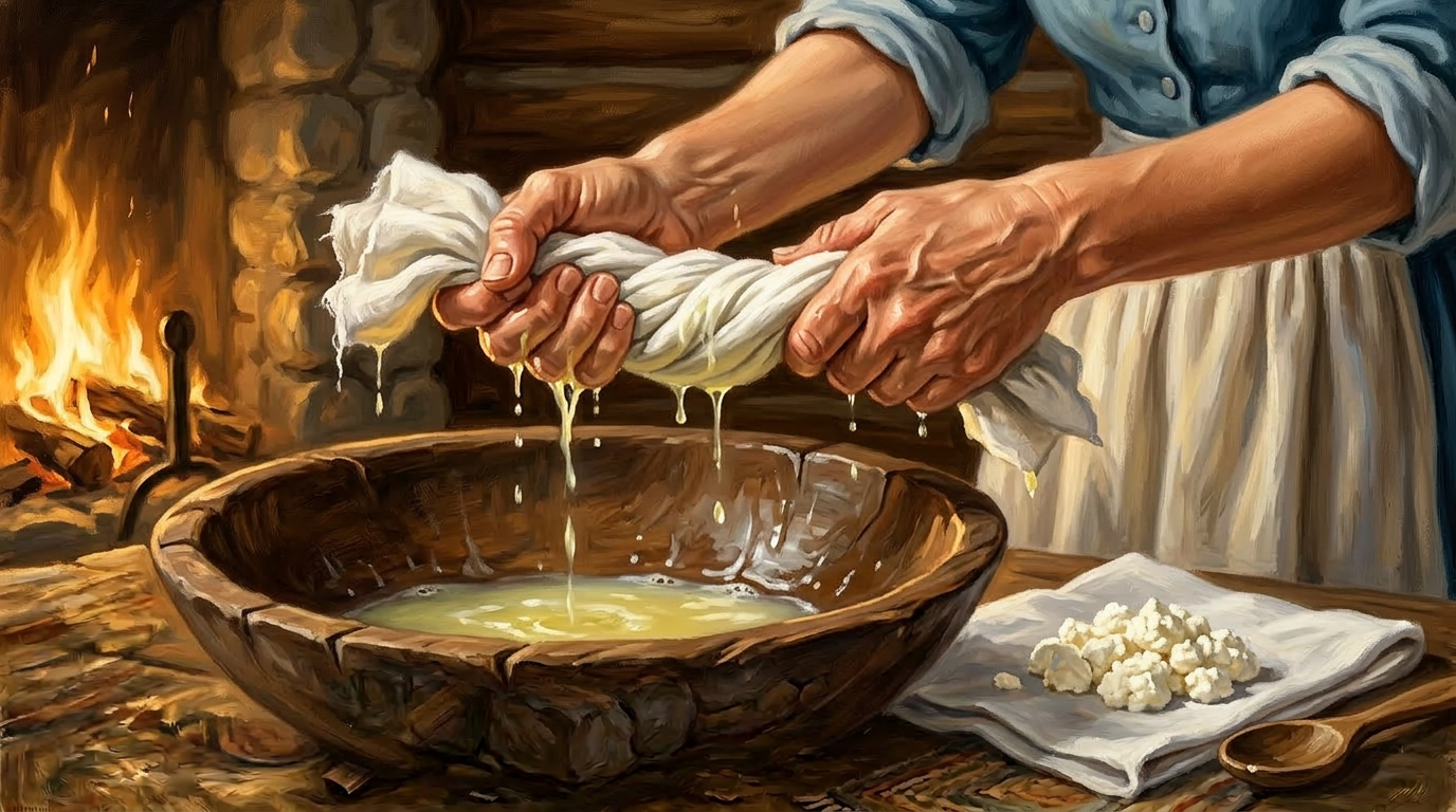 Pioneer woman squeezing white cheese curds with her hands over a wooden bowl, log cabin