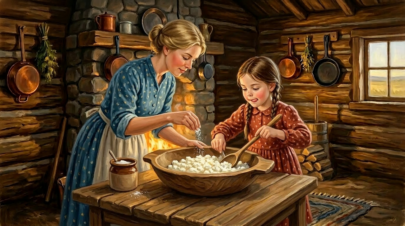 A pioneer woman salting cheese curds, a young girl helping mix in a wooden bowl