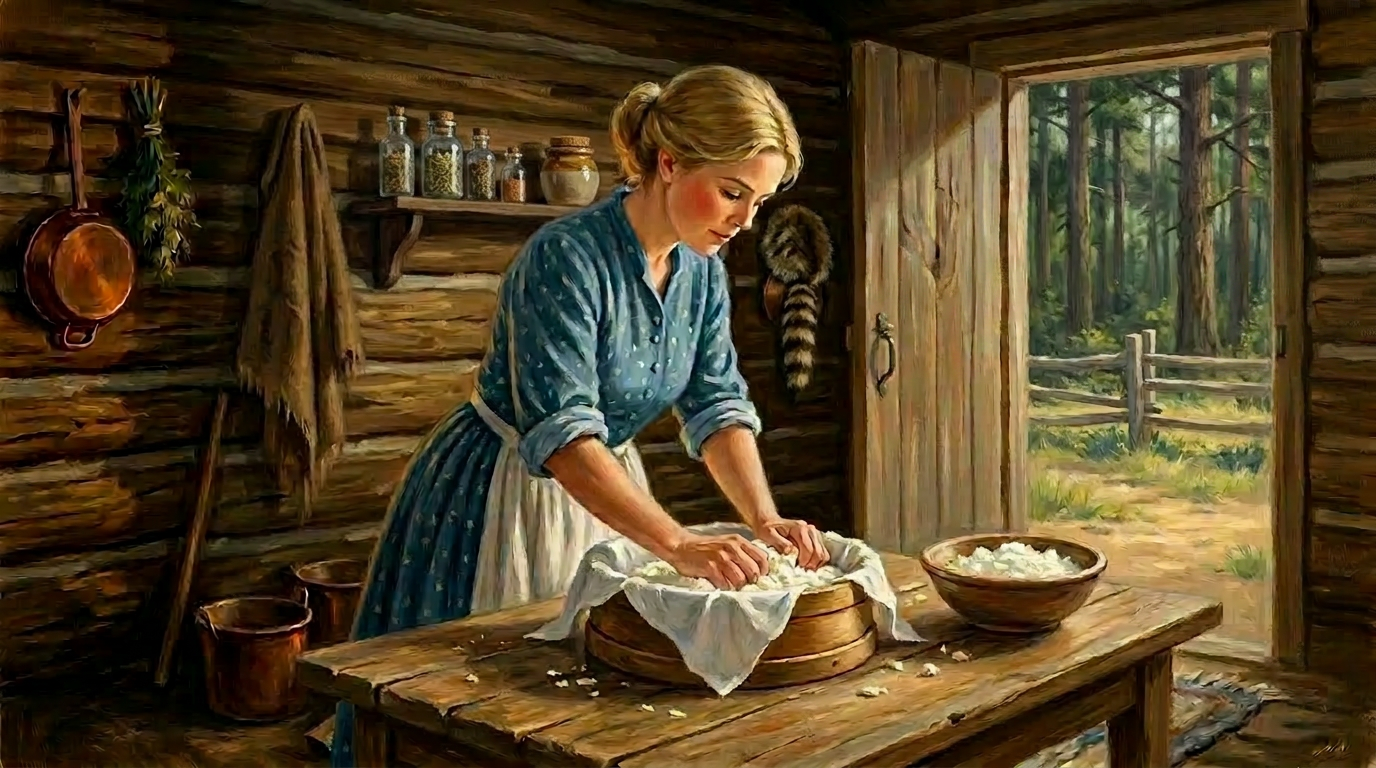 A pioneer woman pressing cheese curds into a round wooden hoop on a table in a log cabin