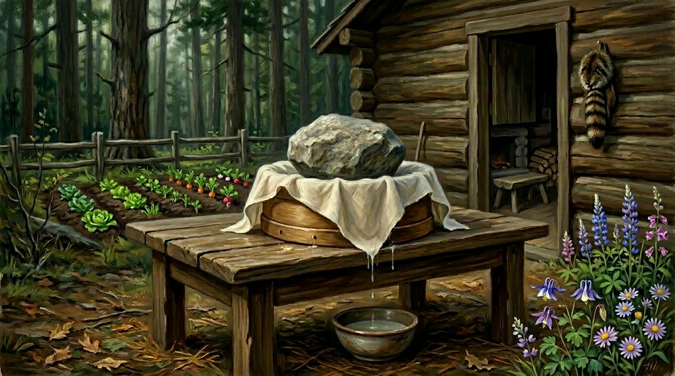 A heavy rock pressing down on a round cheese in a wooden hoop on a cabin shelf