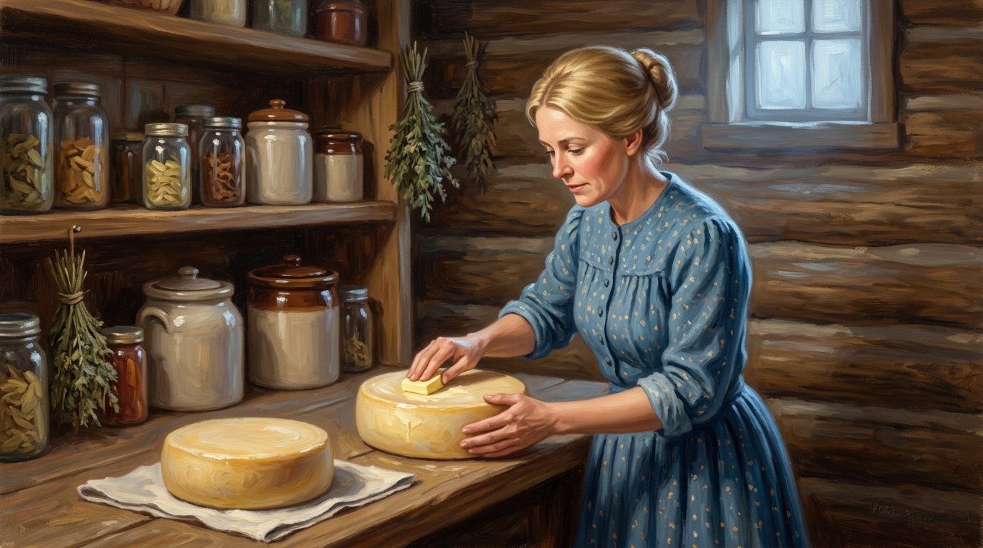 A pioneer woman rubbing butter on a round wheel of cheese and turning it over, log cabin pantry