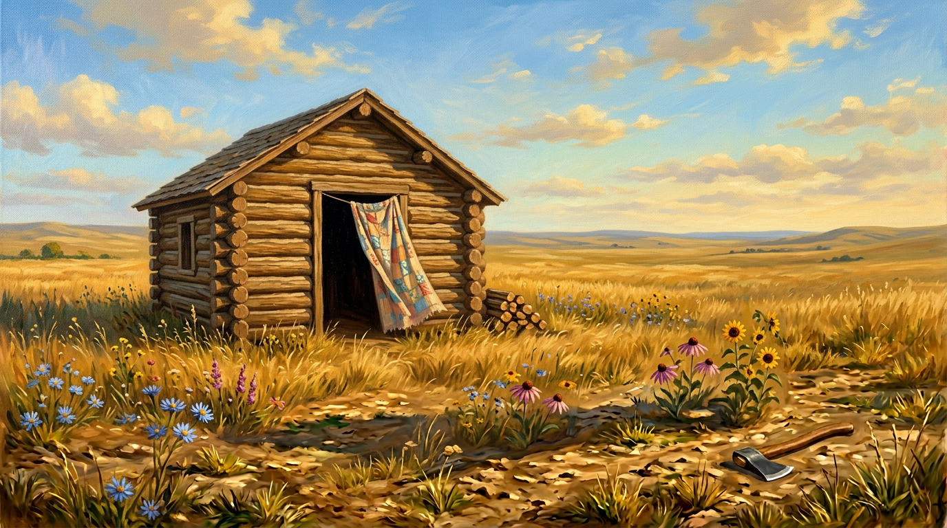 A small log cabin on the open Kansas prairie with tall grass all around and no door in the doorway, 1870s