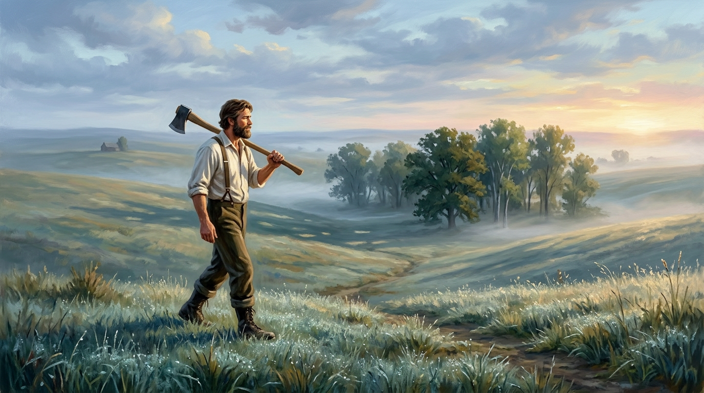 A bearded pioneer father carrying an axe walking toward tall oak trees on the prairie, 1870s