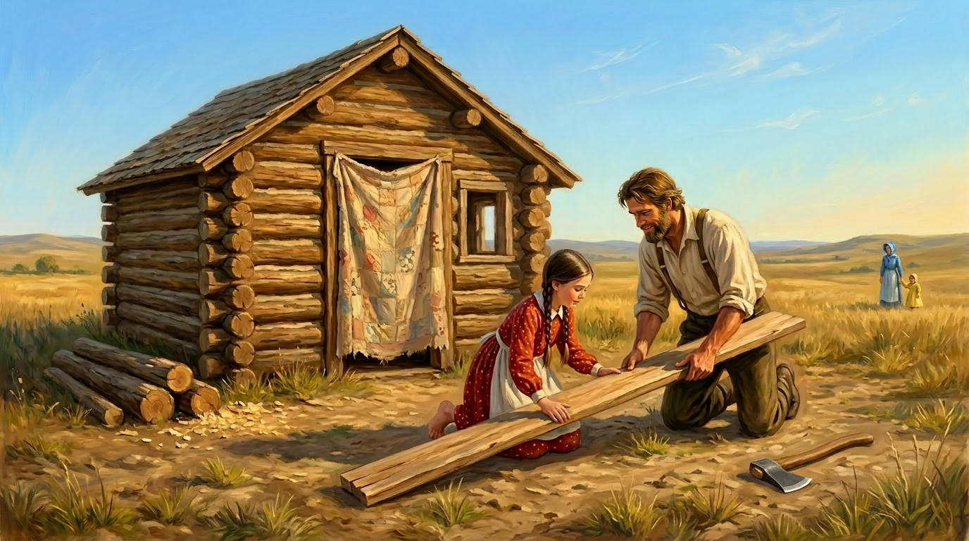 Thick oak slabs laid side by side on the ground forming a door shape, prairie cabin in background