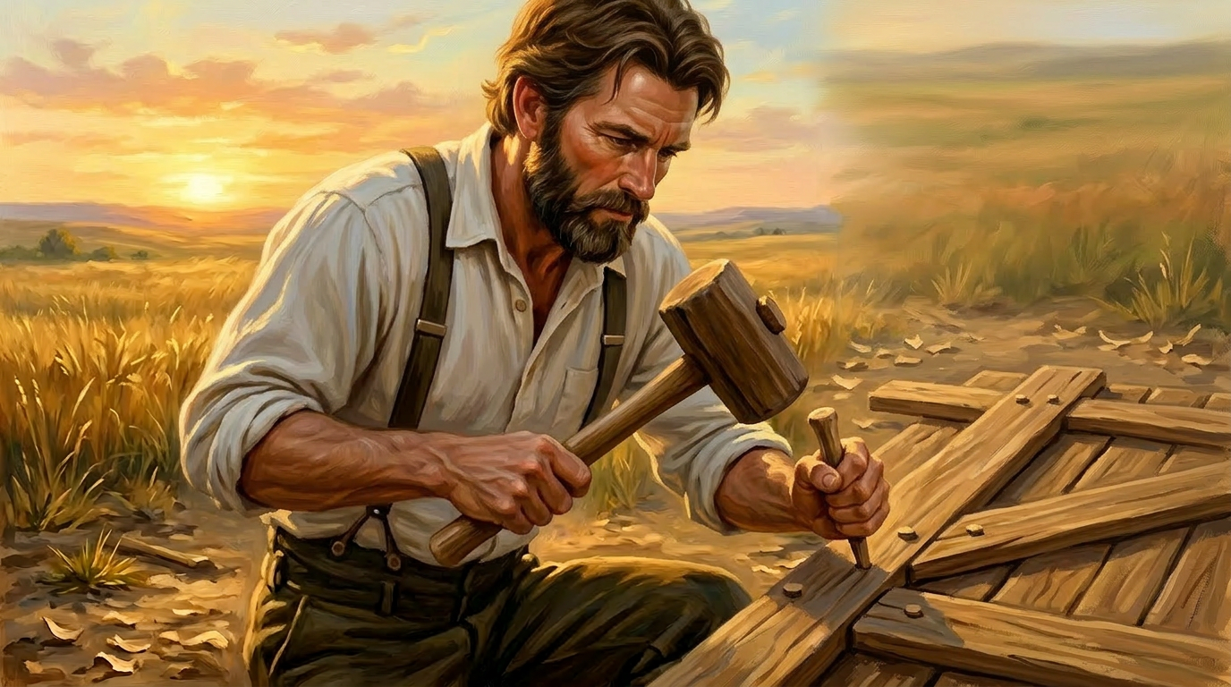 A pioneer father pegging two cross pieces across oak slabs with wooden pegs, building a door on the ground