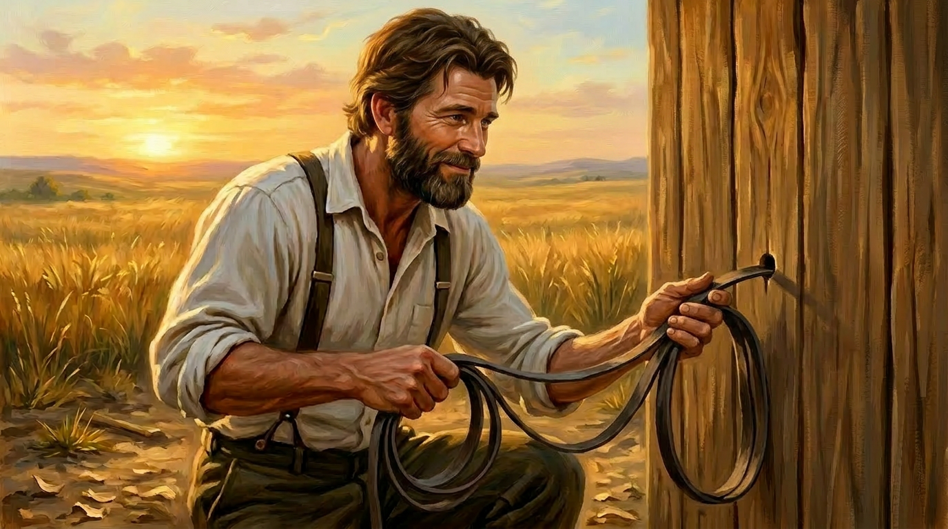 A pioneer father cutting leather strips from a deer hide to make hinges for a door, log cabin