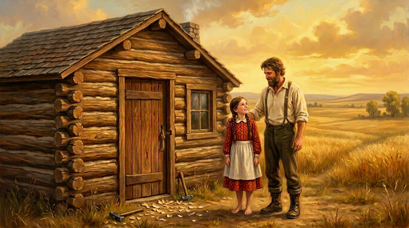 A pioneer father and young girl together lifting a heavy oak door and hanging it in the cabin doorway