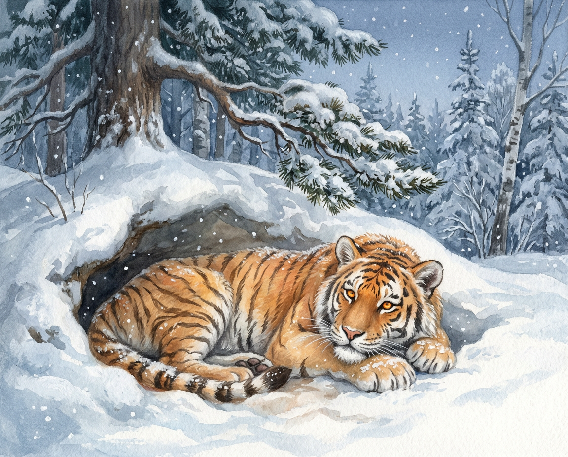 A tiger opening her amber eyes in the deep snow under pine trees