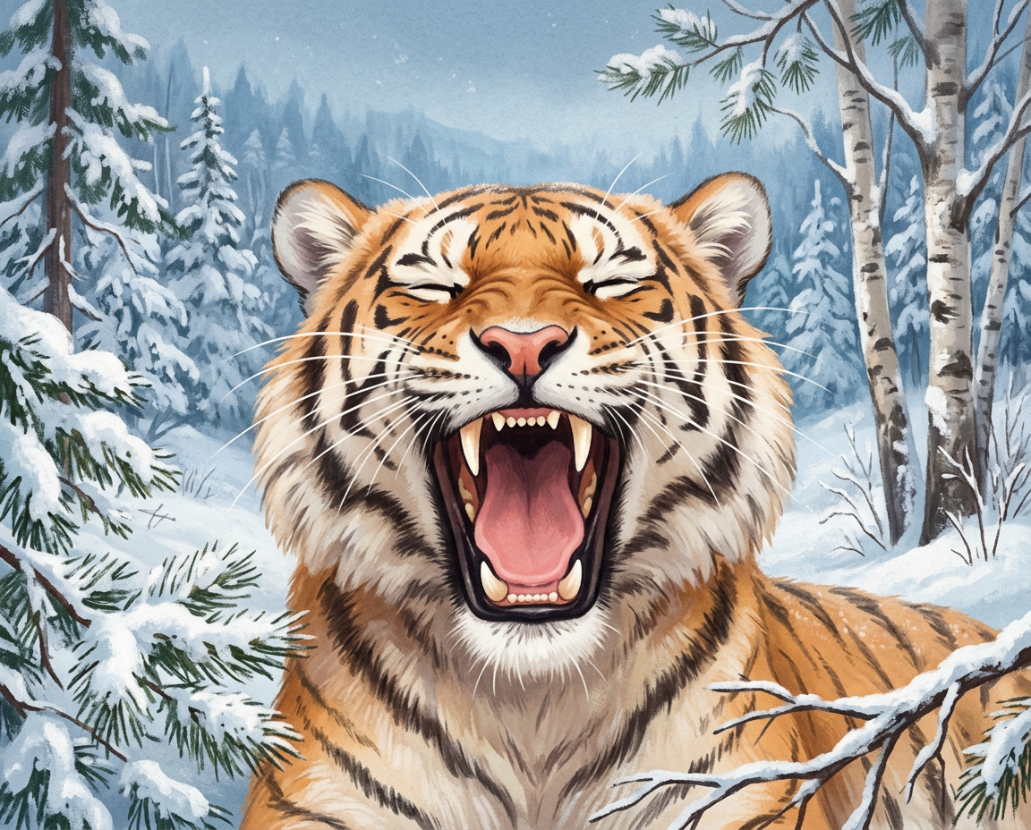 A large Amur tiger stretching her body and yawning beside a snow-covered pine