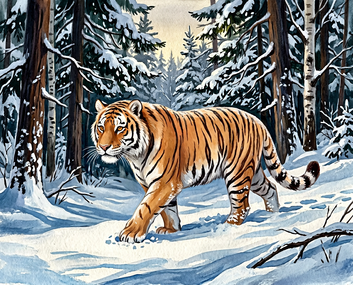 Asha the tiger moving silently through deep snow between tall pine trees