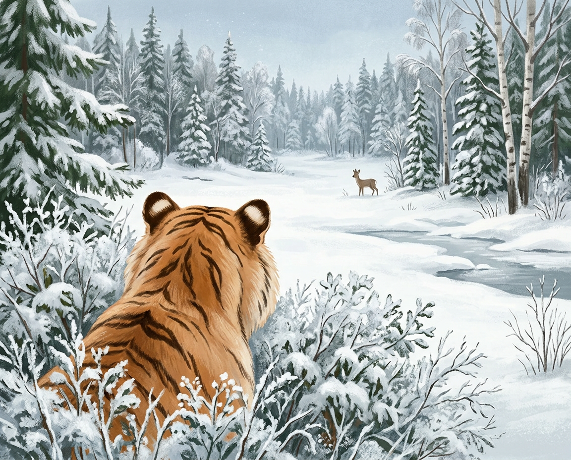 Asha crouching low behind a snowy bush, her amber eyes fixed on a deer in the distance