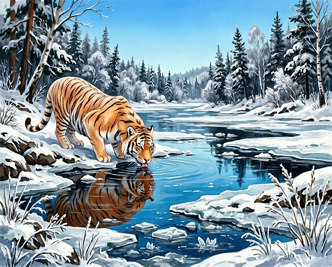 Asha drinking from an icy river surrounded by snow and pine trees