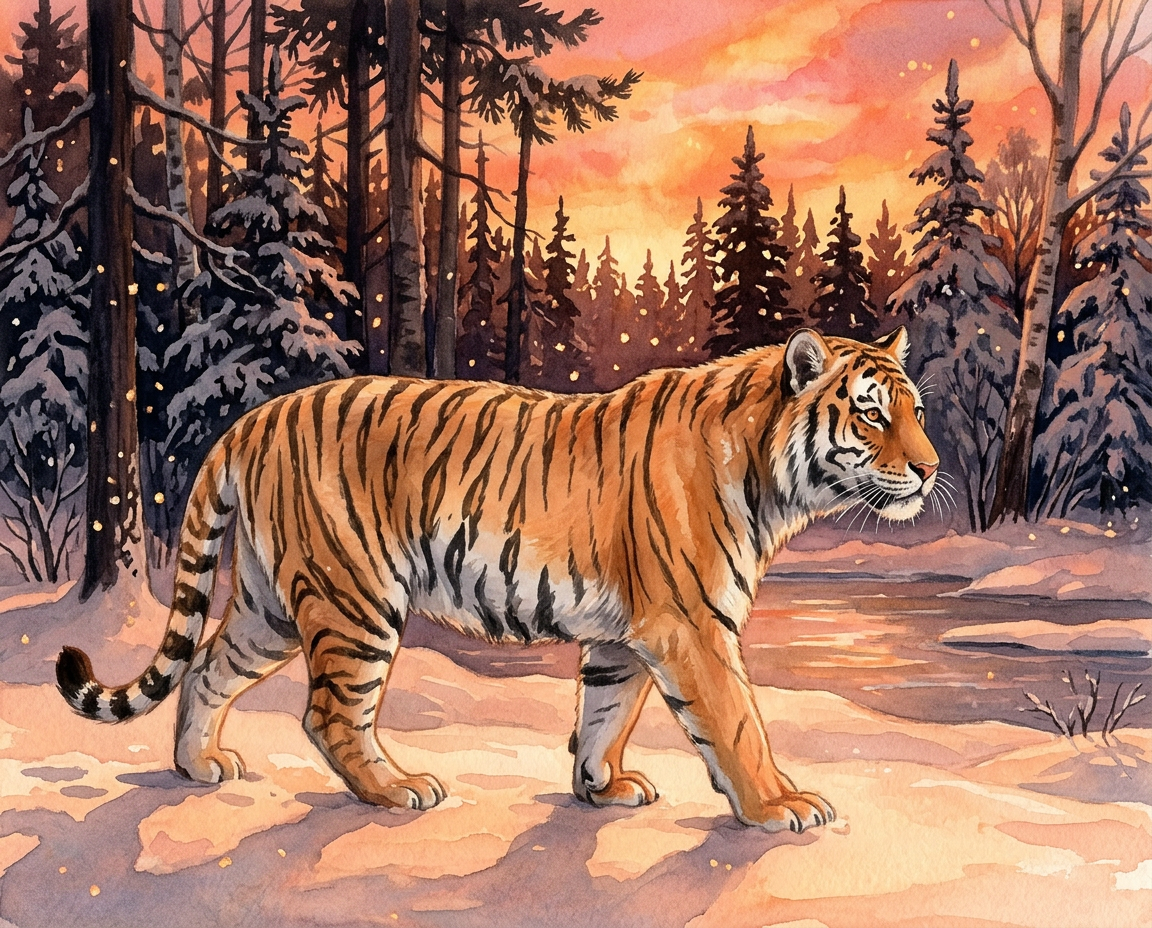 The sky above the Russian forest glowing orange and pink at sunset, Asha walking home