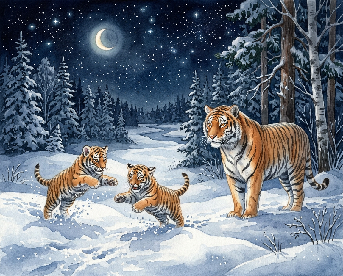 Two small tiger cubs running through the snow to greet Asha under a starry sky