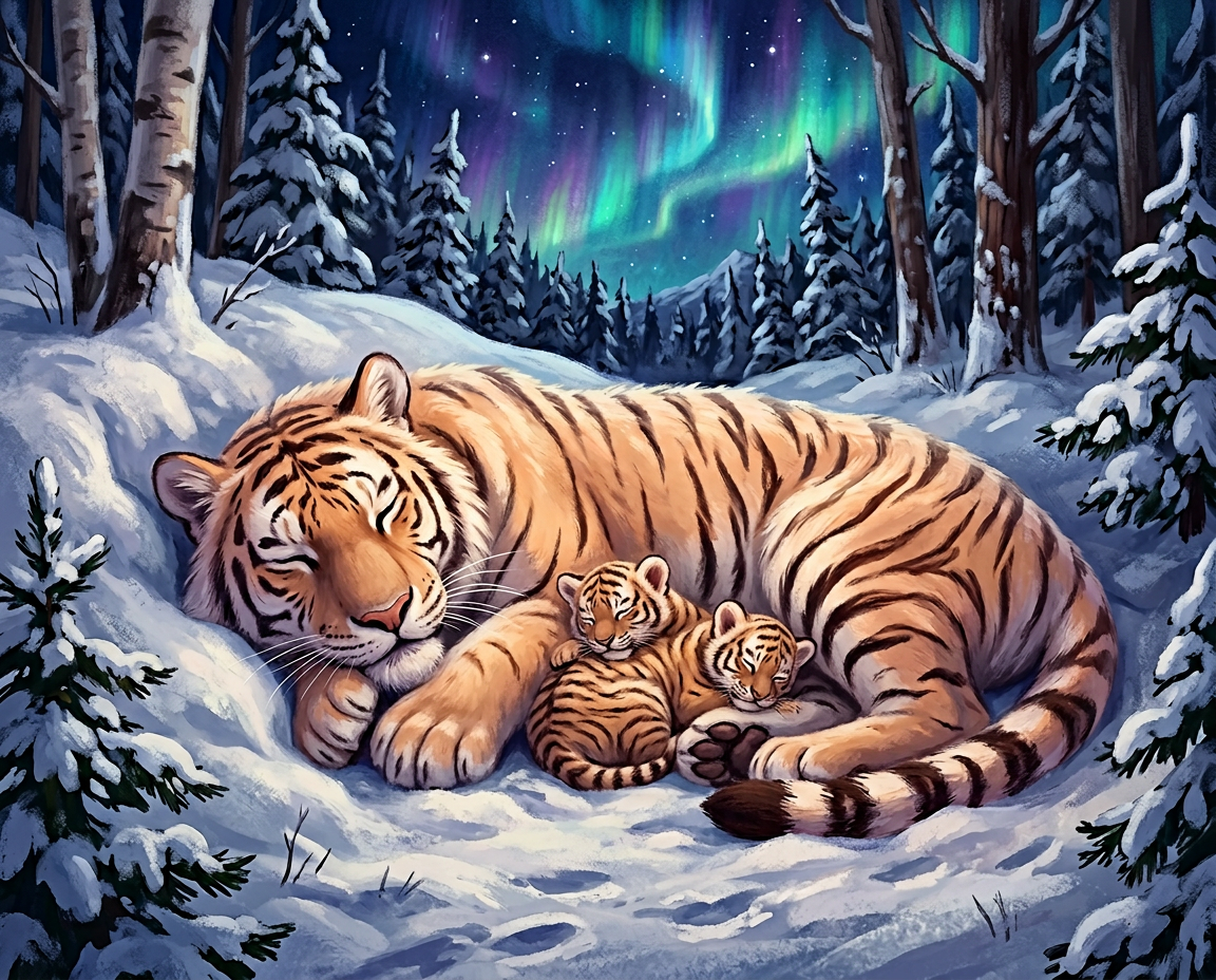 Asha and her cubs resting together in the snow at night